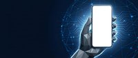 Futuristic robotic hand holding blank smartphone with glowing digital network connections on dark blue tech background for app mockup presentations.