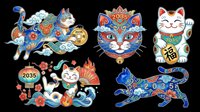 Maneki-neko lucky cat collection with ornamental Asian designs, isolated on transparent background. Ready for t-shirt designs, stickers, clipart, sublimation, and print-on-demand products.