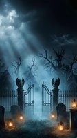 Spooky cemetery gate with gargoyle statues and lanterns under dramatic stormy sky with sunbeams breaking through dark clouds creating atmospheric Halloween scene.