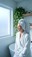 Young woman in white bathrobe and towel enjoying spa day in modern bathroom with plants and natural light for wellness and self-care routine.