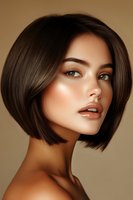 Young Asian woman with short dark bob hairstyle, natural makeup, and glossy lips poses against warm brown background, showcasing modern beauty and elegance.