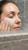 Young woman applying exfoliating face scrub in bathroom mirror, gentle skincare routine for healthy glowing skin and natural beauty care.