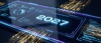 2027 displayed on digital screen with glowing blue and gold circuit board technology interface background.
