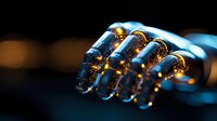 Robotic hand with glowing orange particles inside transparent fingers against dark background, futuristic technology concept in blue tones.