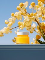 Yellow cosmetic jar with white lid against blue sky background, framed by golden mimosa flowers. Natural skincare product photography composition.
