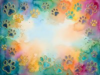 Colorful watercolor background with golden paw prints scattered across vibrant rainbow gradient. Isolated design element suitable for pet-related projects, greeting cards, and animal-themed merchandise.