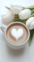 Cup of coffee with heart-shaped latte art foam alongside fresh white tulips on light wooden surface. Romantic morning concept for Valentine's Day or wedding design.