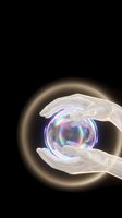 Translucent hands holding glowing orb with rainbow holographic energy vortex, mystical light sphere for spiritual wellness and futuristic technology concepts.