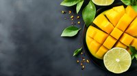 Fresh ripe mango cut in cubes with lime slices and green leaves on dark background, top view with copy space. Tropical fruit composition.