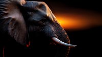 African elephant close-up portrait against dramatic orange sunset sky background showing detailed texture of skin, tusk and eye in moody atmospheric lighting.