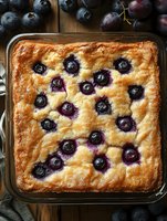 Homemade blueberry cake baked in glass pan with fresh berries scattered on wooden surface, overhead view for bakery, dessert, and recipe content.