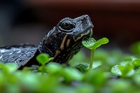 Small black turtle emerging through green sprouts and water droplets, macro photography with shallow depth of field capturing nature and wildlife in spring.