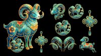 Ornamental aries ram zodiac sign charm set with decorative teal and gold details, isolated on transparent background. Ready for t-shirt design, clipart, stickers, sublimation, and print-on-demand products.