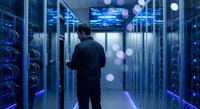IT technician monitoring server room with blue LED lighting and digital displays for network infrastructure management and data center operations.