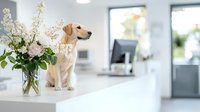 Yellow Labrador puppy sitting attentively at modern veterinary clinic reception counter with fresh spring flowers in glass vase, bright interior design.