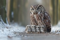 Adult owl protectively watching over four baby owlets huddled together on snowy ground in winter forest setting, creating heartwarming wildlife scene.