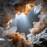 Stunning crystal cave interior with golden citrine and clear quartz formations creating natural window opening with dramatic light rays streaming through rocky ceiling.
