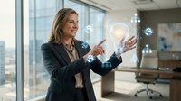 Professional businesswoman interacting with futuristic holographic interface technology in modern office environment for digital transformation concepts.