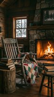 Cozy log cabin interior with rocking chair, patchwork quilt, crackling fireplace and snowy winter view through window for rustic home decor concepts.
