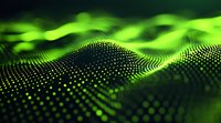 Abstract green glowing dots forming dynamic waves on dark background, digital particle visualization with depth of field effect for technology concepts.