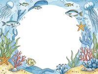 Underwater ocean frame with marine life, coral reef, fish, jellyfish, starfish and seaweed creating circular border for text or design on white background.