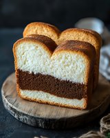 Freshly baked marble bread loaf sliced on wooden cutting board showing swirled chocolate and vanilla layers for bakery and food photography.