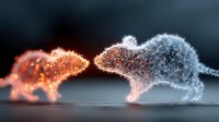 Glowing particle visualization of bull and bear market concept with orange and blue digital animals facing each other on dark background.