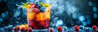 Refreshing summer cocktail with fresh raspberries, citrus, and ice cubes splashing in glass against dark blue bokeh background. Dynamic drink photography.