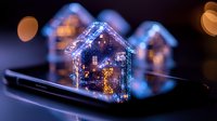 Digital smart home concept with glowing house hologram emerging from smartphone screen, futuristic technology visualization with bokeh light effects.