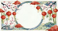 Traditional Chinese New Year frame with red lanterns, cherry blossoms, bamboo and decorative clouds on white background for festive design projects.