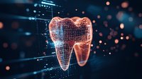 Digital molar tooth wireframe glowing orange and blue against dark background with bokeh lights and grid pattern, representing dental technology advancement.