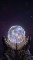 Cupped hands holding glowing cosmic sphere with galaxy nebula stars against dark starry night sky background for spiritual mystical fortune telling concepts.