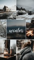 Winter mood board featuring snowy landscapes, cozy cabin scenes, campfire, warm drinks, and person in knitted hat and scarf for seasonal social media content.