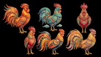 Colorful rooster illustrations with ornate decorative patterns in red, gold, and teal. Isolated on transparent background, ready for t-shirts, clipart, stickers, and print-on-demand designs.