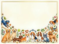 Adorable dog breeds border frame with paw prints and botanical elements on cream background for pet-related designs and greeting cards.