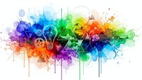 Vibrant rainbow watercolor splash with geometric shapes, light bulbs and gears representing creativity, innovation and brainstorming concepts.