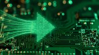 Digital arrow made of binary code on green circuit board background with glowing bokeh lights for technology and data transfer concepts.