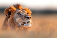 Majestic male lion head profile against golden sunset background, soft focus portrait showing detailed mane and noble expression in natural savanna setting.