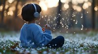 Young Asian boy in blue sweater wearing headphones sits in blooming spring meadow at sunset with magical glowing musical notes floating around creating dreamy atmosphere.