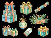 Watercolor Christmas gift boxes clipart set, isolated on transparent background. Festive holiday presents with bows, ornament, tag, cracker for stickers, sublimation, print on demand, t-shirt design.