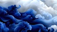 Dramatic ocean waves in traditional Asian art style featuring deep blue and white swirling patterns create dynamic movement across seamless composition. Great for fabric design.