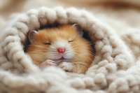 Adorable sleeping hamster wrapped in cozy knitted blanket showing cute smiling expression, soft focus portrait for pet care and comfort concepts.