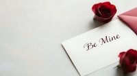 Romantic note with "Be Mine" message and red roses on white background, elegant Valentine's day or love letter composition with copy space.