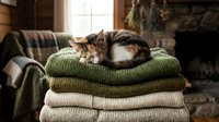 Tabby and white cat resting on stacked knit sweaters in cozy home interior, perfect for lifestyle and pet content.