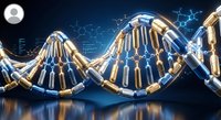 Futuristic DNA double helix structure with glowing blue and gold elements on dark background for biotechnology and genetic research concepts.