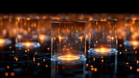 Glowing candles in glass holders create magical atmosphere with bokeh lights and reflections on dark surface. Romantic evening ambiance.