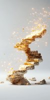 Glowing golden staircase made of rough stone fragments dissolving into sparkling particles against light background, magical transformation concept.
