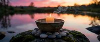 Peaceful meditation scene with burning candle in stone bowl surrounded by smooth pebbles at serene lake during golden sunset for wellness and mindfulness practices.