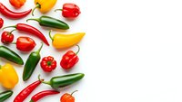 Colorful assorted chili peppers in red, yellow and green varieties arranged on white background for cooking, spice and culinary ingredient concepts.