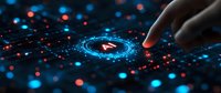 Finger touching glowing AI button on futuristic digital circuit board with blue and red neon lights, symbolizing artificial intelligence technology.
